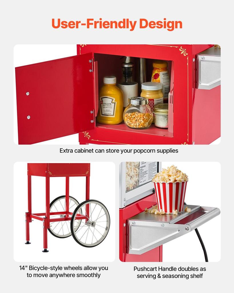 Popcorn Machine with Cart Popcorn Popper Maker 800W 0.2kg Kettle Red