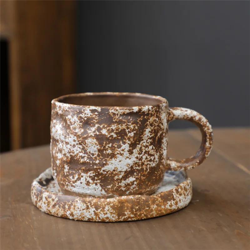 Retro Ceramic Cup Cross-border Mug Japanese Style Simple Afternoon Tea Cup Creative Coarse Pottery Coffee Cup Saucer Set