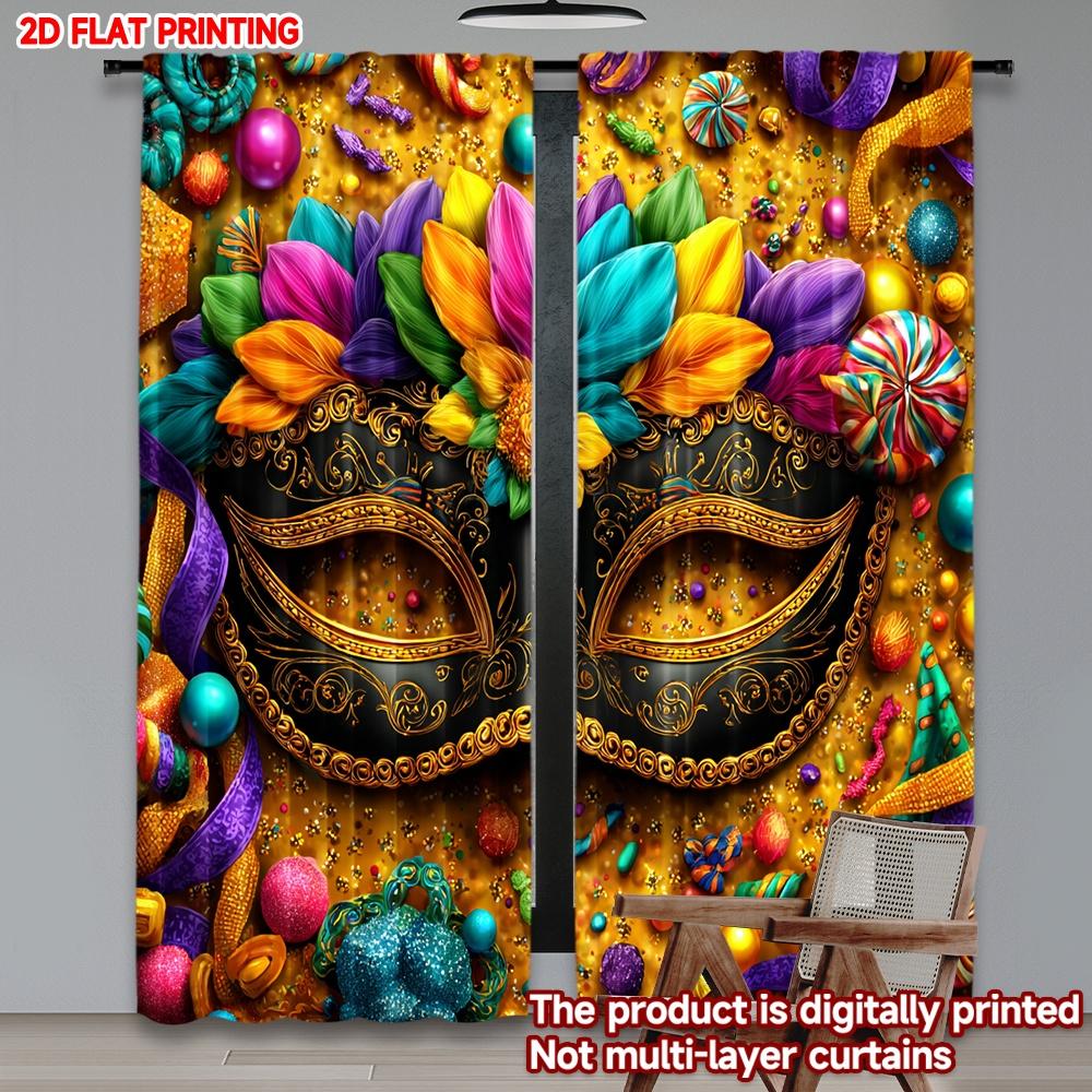 2D flat printing 2pcs Curtain Drapes Carnival Mask with Flowers Digital Printed Polyester Drapes Festive Curtains for New Year