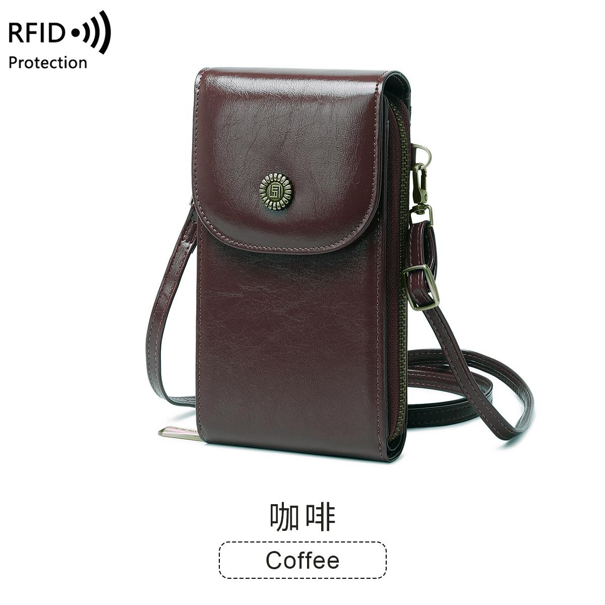 

2025 new anti-magnetic mobile phone bag retro oil wax leather mobile phone bag versatile women s shoulder messenger bag кавовий