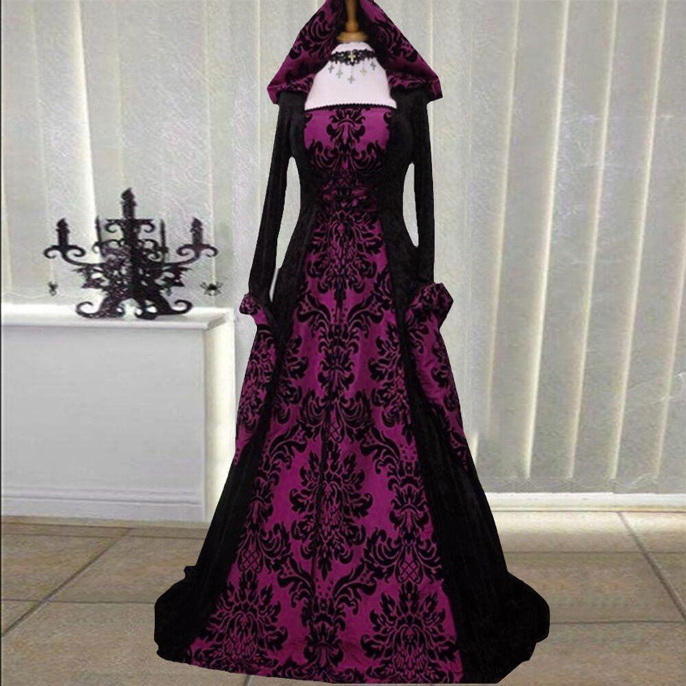 Long Hooded Sleeved Dress Draw In Waist Printed Court Skirt Cosplay Costume