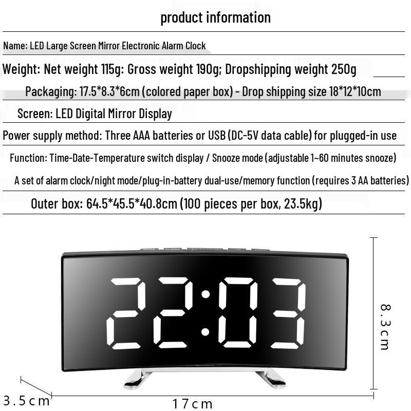 Creative Curved LED Mirror Alarm Clock with Large Display - Silent Smart Desktop Clock for Students