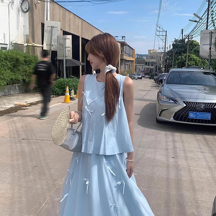Women's Summer Two-Piece: 3D Bow Vest & High Waist A-Line Midi Skirt