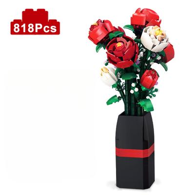 Kreativní červená růže Váza Rostliny Model Stavební bloky Moc Romantický Klasické květiny Kytice Hrnkové cihly Hračky Dárek ke dni svatého Valentýna