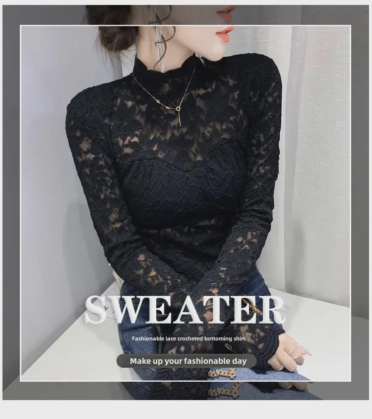 2021 Autumn Stand-up Collar Lace Long Sleeve Hollow Slimming Women's Top
