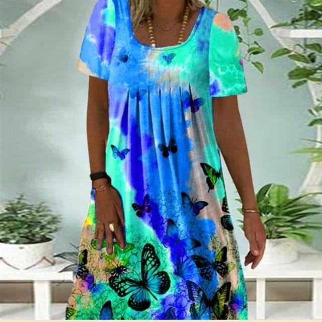 Women's Summer Autumn Short Sleeve Round Neck Pleated Printed All-Match Dress Women Fashion Casual Loose Dress