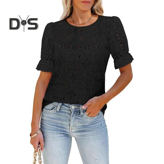 Women Tops Round Neck Puff Short Sleeve Hollow Lace Pullover Tops Solid Color Loose Fit Summer T-shirt