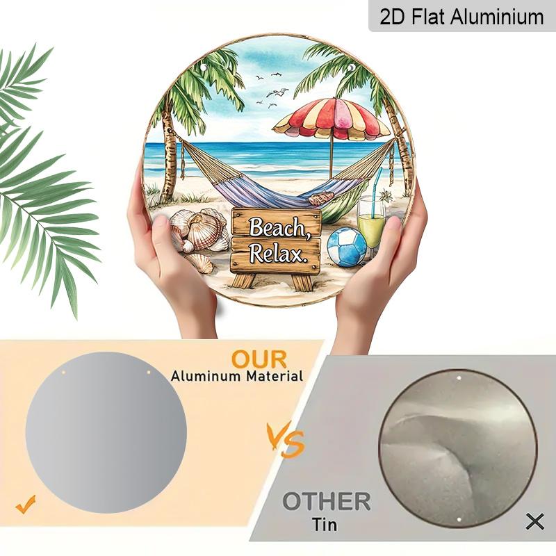 2D Flat, 1Pc Round "Beach, Relax." Aluminum Hanging Sign, Tropical Hammock Palm Tree Ocean Design, Rustic Coastal Metal Wall Decor, Perfect for