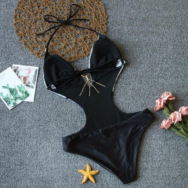 Damen Einteiliger Badeanzug mit Print Bademode Tiefer V-Ausschnitt Monokini Body Rückenfreier Badeanzug Strandbekleidung Hochgeschnittener Badeanzug