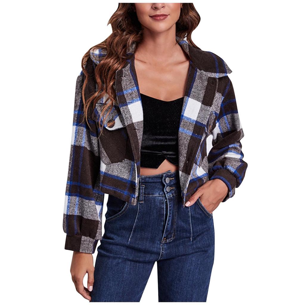 Damen Kariert Ärmel Langarm Kurz Wollmantel Jacke Oberbekleidung