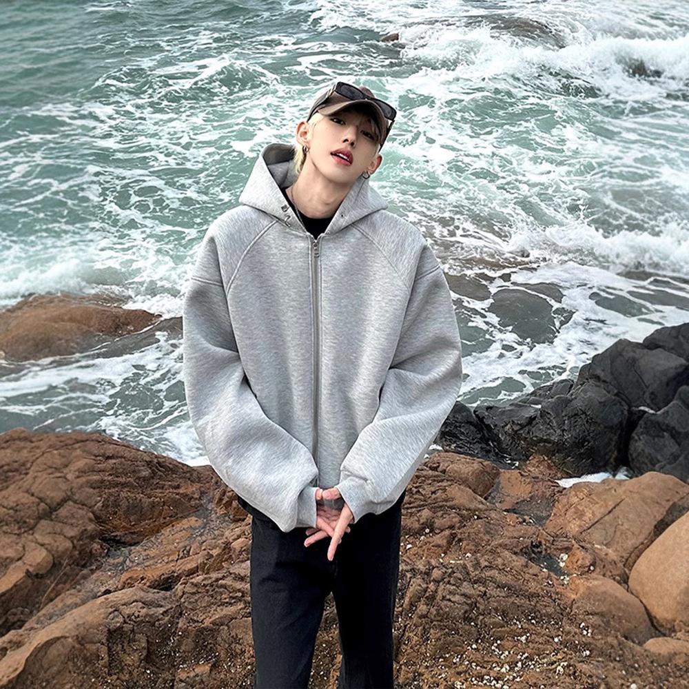 Air Cotton Short Gray Sweatshirt Men's Autumn and Winter Loose Hooded Cardigan Jacket