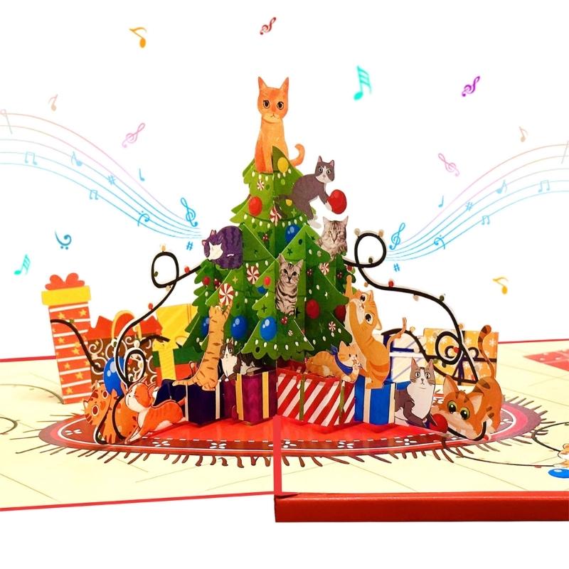 Musical Holiday Card Highlighting 3D Paper Sculpture Christmas Tree And Cats Participatory Light Consequences Artisanal Plan