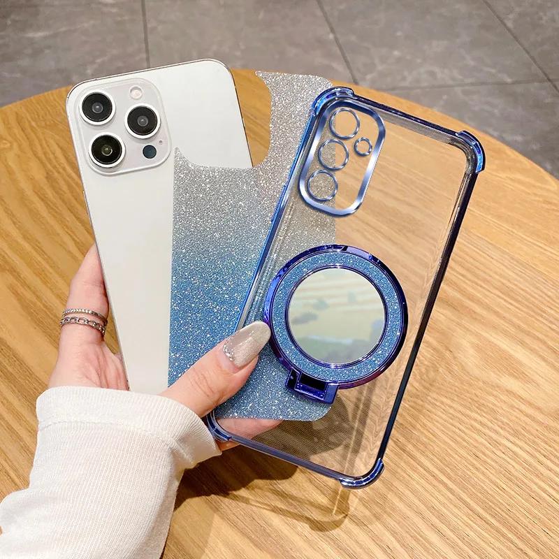 Shockproof Glitter Mirror Ring Holder Phone Case For Samsung Galaxy M32 M22 M12 M11 M02 M02S M04 M05 M56 5G F04 F05 Soft Cover