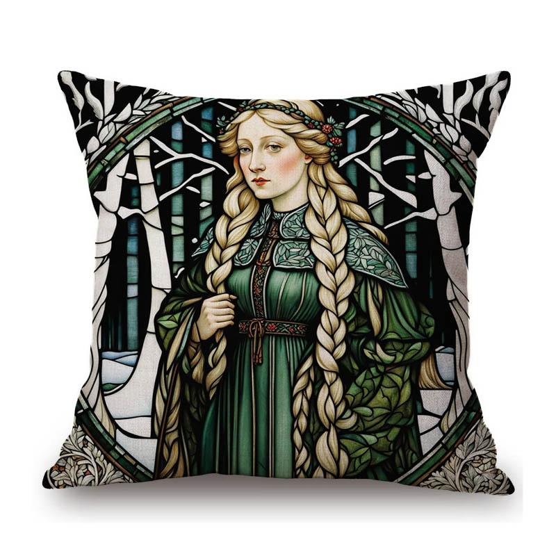 Renaissance Pre-Raphaelitism William Morris Round Stained Glass Window Elegant Lady Girl Decoration Pillow Case Cushion Cover