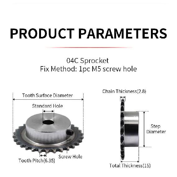 2PCS Sprocket 04C Sprocket 34Teeth Hole 8/10/12mm Screw Hole M5 45#Steel 04C Table Wheel Finished Hole Sprocket