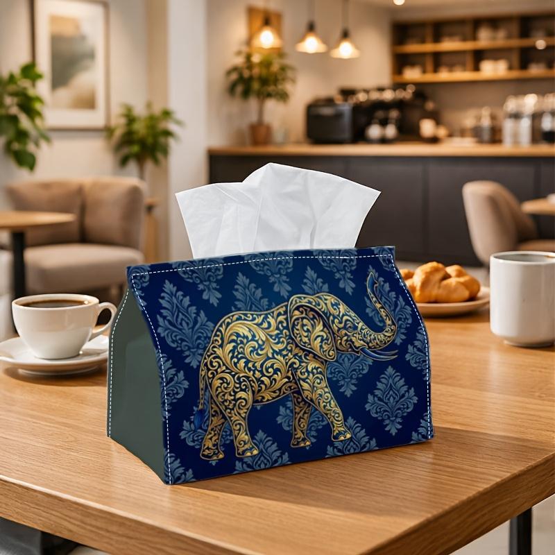 2D Flat, Single-piece Classic Elephant Oriental-style Tissue Box, Available In Two Sizes - Navy Blue with Golden Damascus Pattern, Elegant and Durable