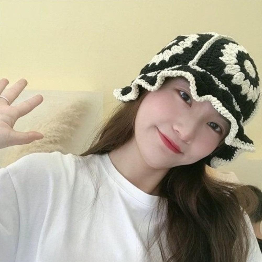 Fleece thread Flower Sun Hat Korean Style Bucket Hat Unique Knitted Fisherman Hat  Student