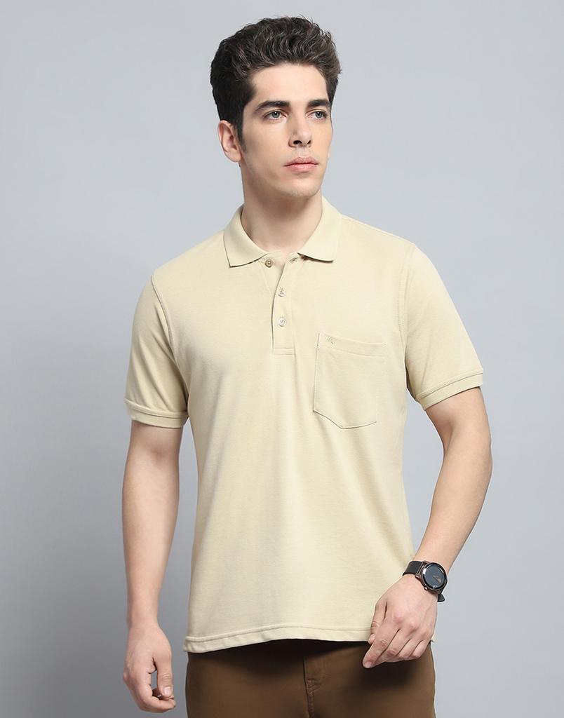 Monte Carlo Mens Solid Beige Collar Neck Half Sleeve T-Shirt