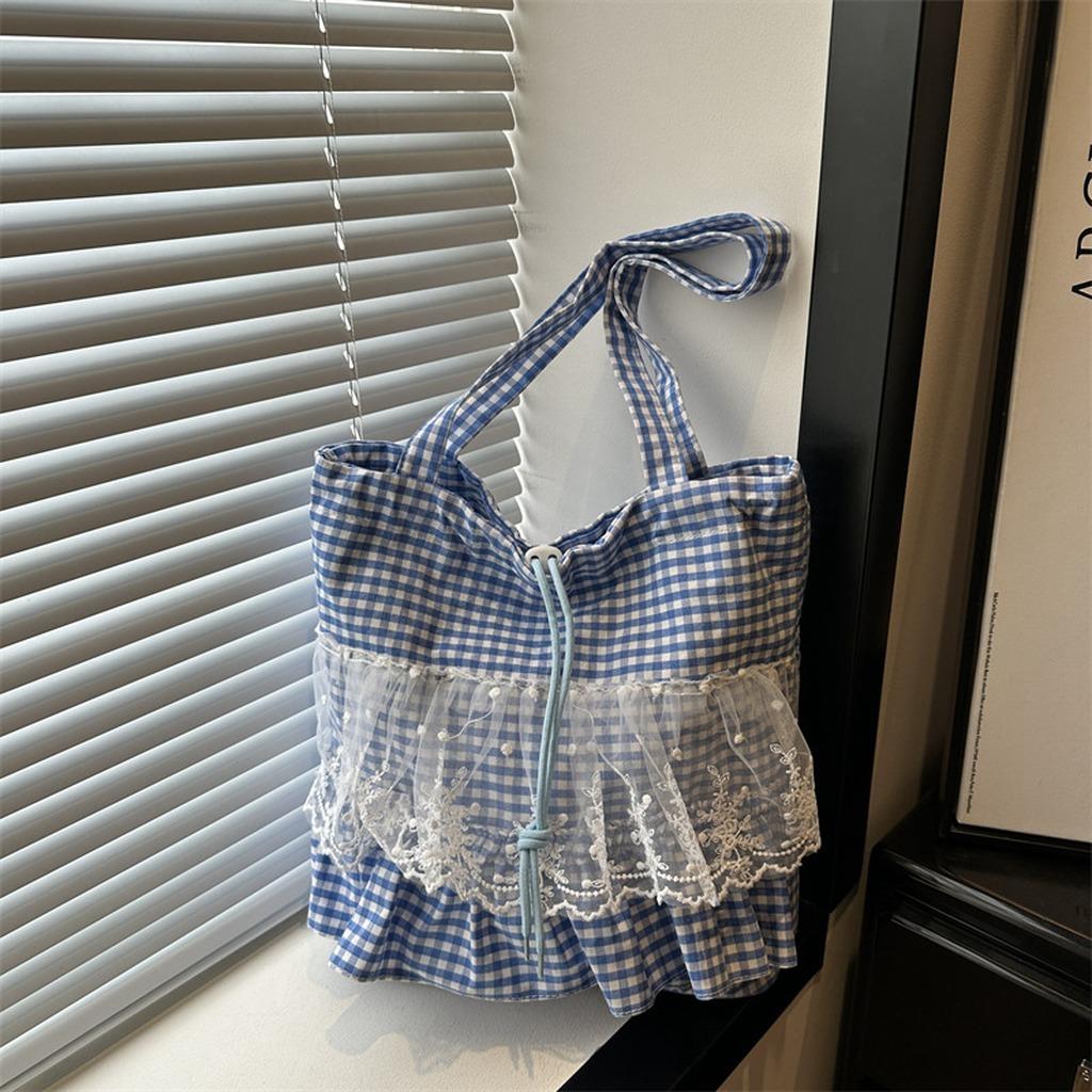 Check Pattern Tote Bag Lace Trim Street Daily Bag Multi-Way Shoulder Bag Large Capacity Large Capacity Handbag For Daily School
