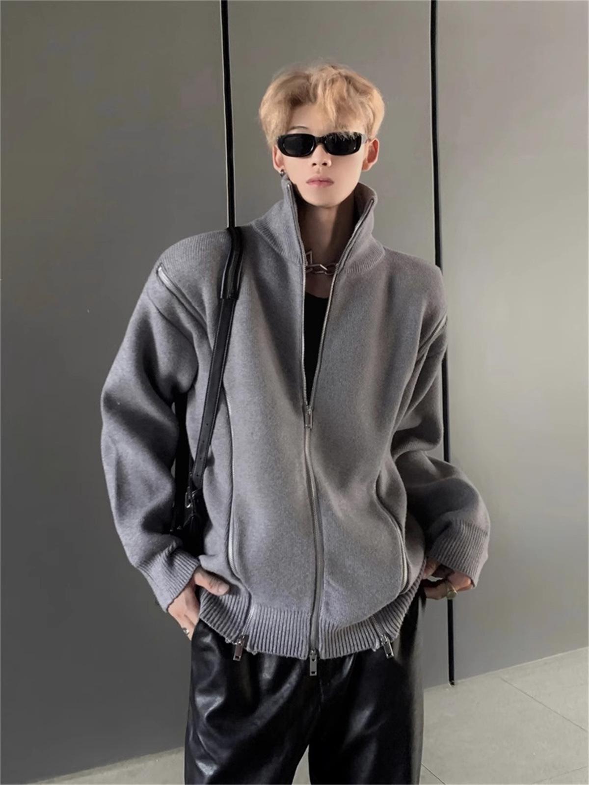 

Men s Korean Style Stand Collar Knit Cardigan with Three Zippers - Autumn/Winter Warm Designer Sweater XXL сірий колір
