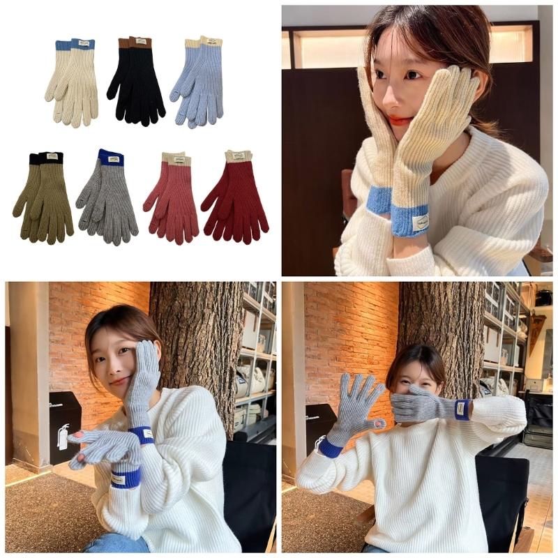 Womens Warm Knitted Full Finger Gloves Outdoor Riding Touchable Screen Colorblock Letters Label Decor Thermal Mittens