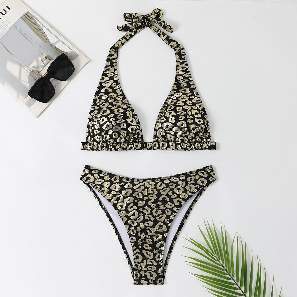 

Women s 2 Piece Leopard Print Bikini Set Sexy Metallic Gold Foil Halter Deep V Backless Summer Beach Fashion Swimwear XL чорний