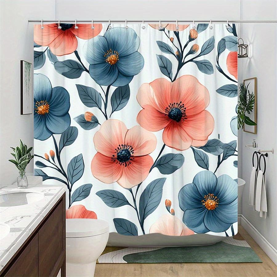 1pc Soft Pink and Blue Floral Shower Curtain - Elegant Modern Design, Polyester Fabric, Machine Washable, With Hooks