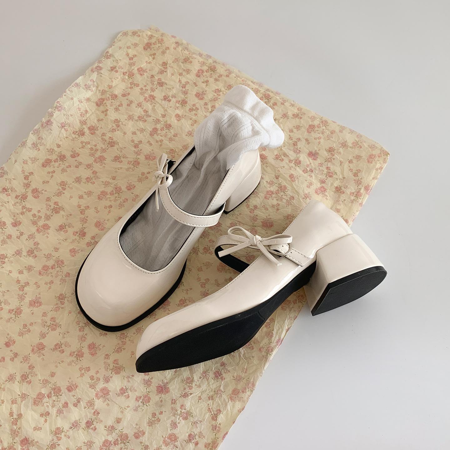 

Fashion New Women Mary Jane Shoes Ladies Outdoor Butterfly-knot Pumps Spring Autumn Women s Dress Leather Solid Color Thick Heeled Shoes 35 бежевий