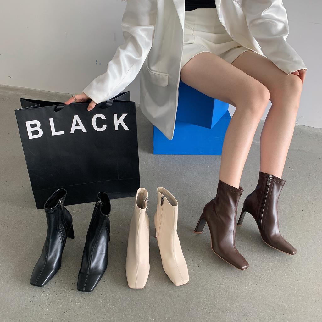 High-heeled short boots women's 2025 new Korean version square head thick heel small thin boots autumn and winter French retro boots