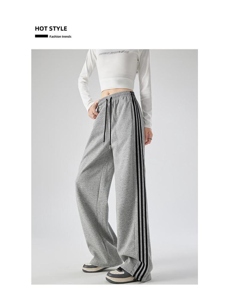 2025 Women's White-Gray Striped Wide-Leg Sweatpants: Spring/Autumn Casual Loose Fit Joggers