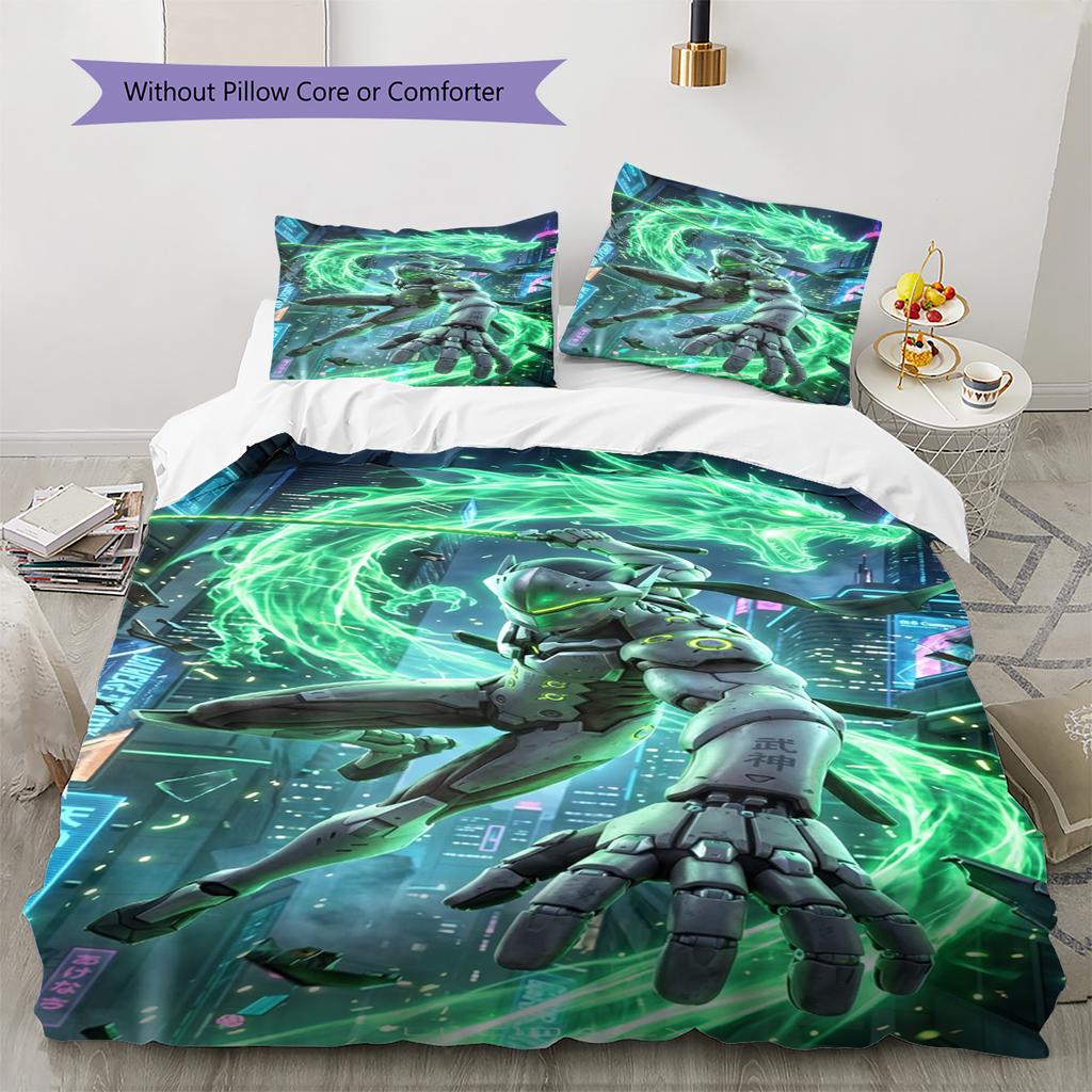 Overwatch Heroes Pattern Bedding Set Quilt Cover Pillowcase Home Decor Gift (1 * Duvet Cover + 2 * Pillowcase, Without Core)