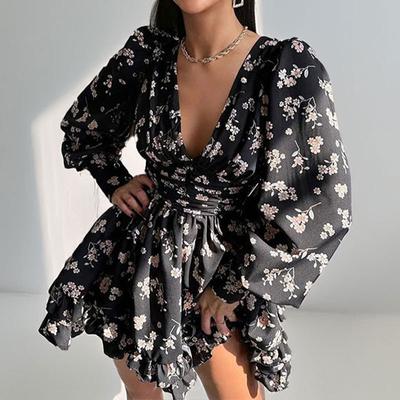 Spring New Women's Clothing Style Fashionable Printed Long-sleeved Short Skirt Sexy Dress