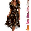 Women Casual V Neck Short Sleeve Halloween Print Dress Midi Length Wrap Style Adjustable Waist Tie