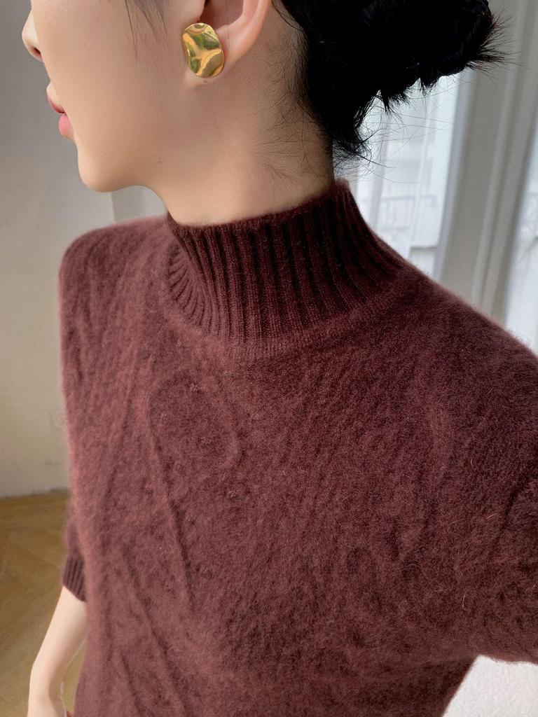 2025 Autumn/Winter Women's High Neck Cashmere Diamond Cable Knit Sweater - Thick and Loose Knit Pullover