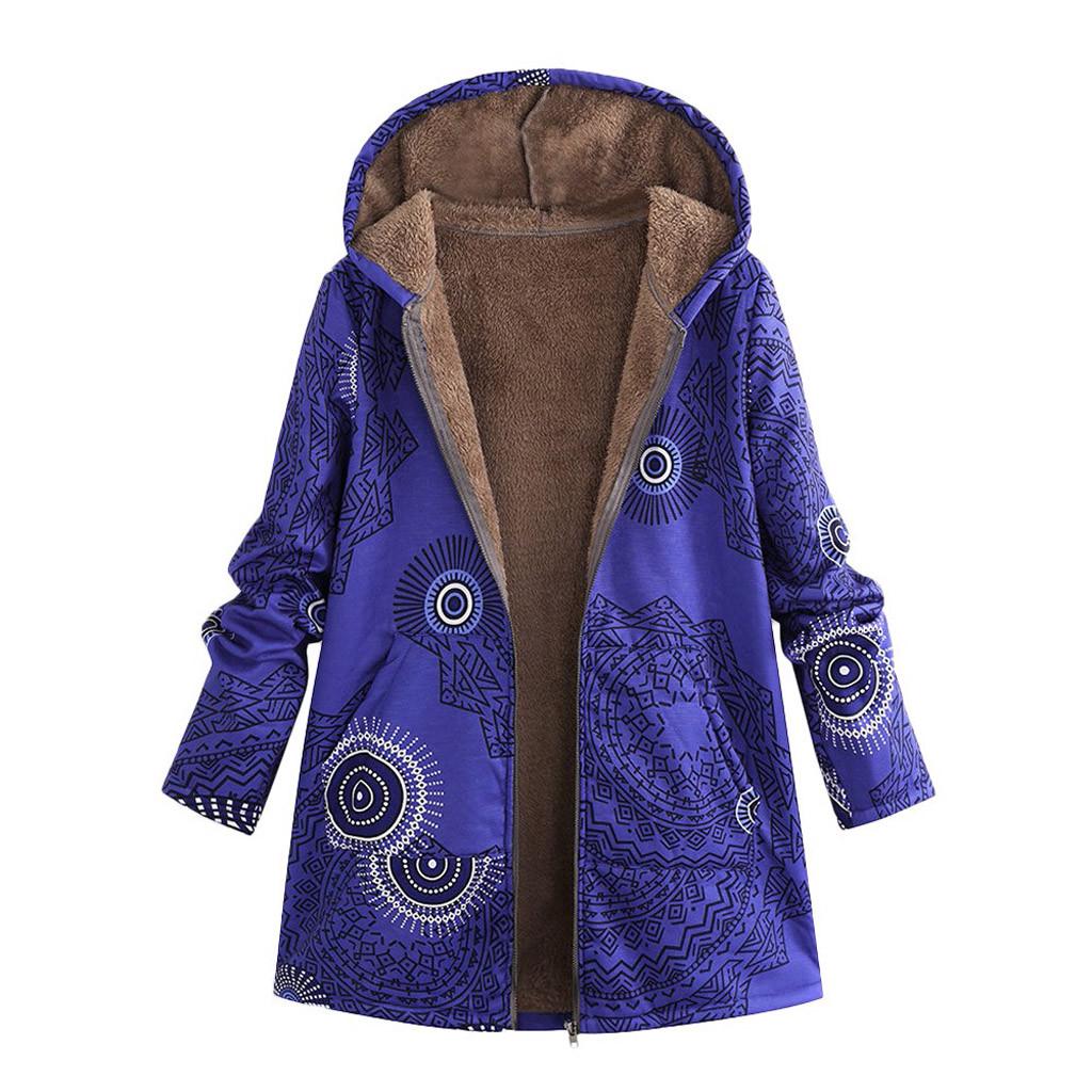 Womens Winter Warm Outwear Print Hooded Pockets Vintage Oversize Coats