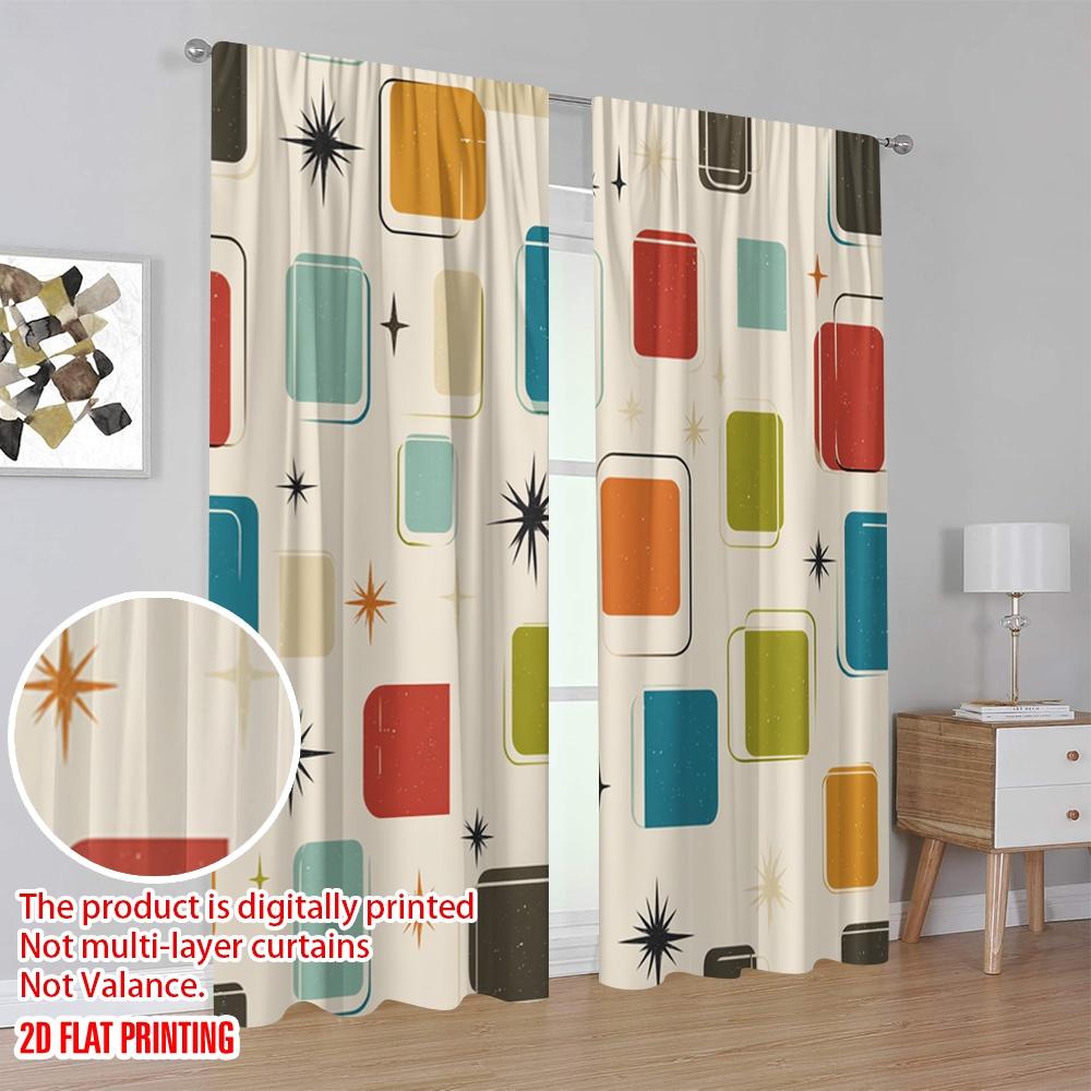 2pcs,2D plane printing Pattern Curtains Retro Squares Versatile 100% Polyester (without rod) Decorations For Home Use for