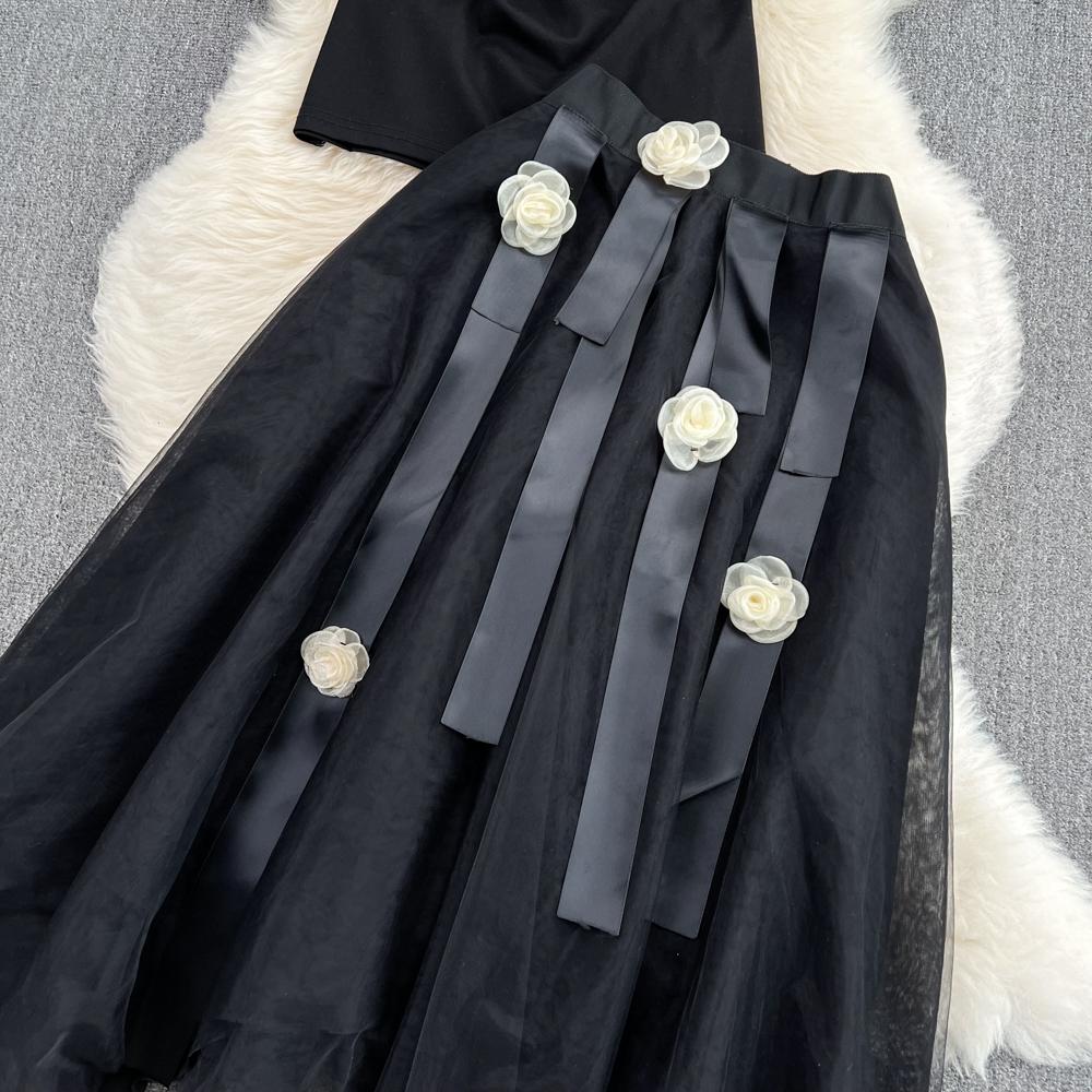 Fashion Suit Women Slanted Collar Off-Shoulder Slim Short Top Two Piece High Waist Irregular Mesh Skirt