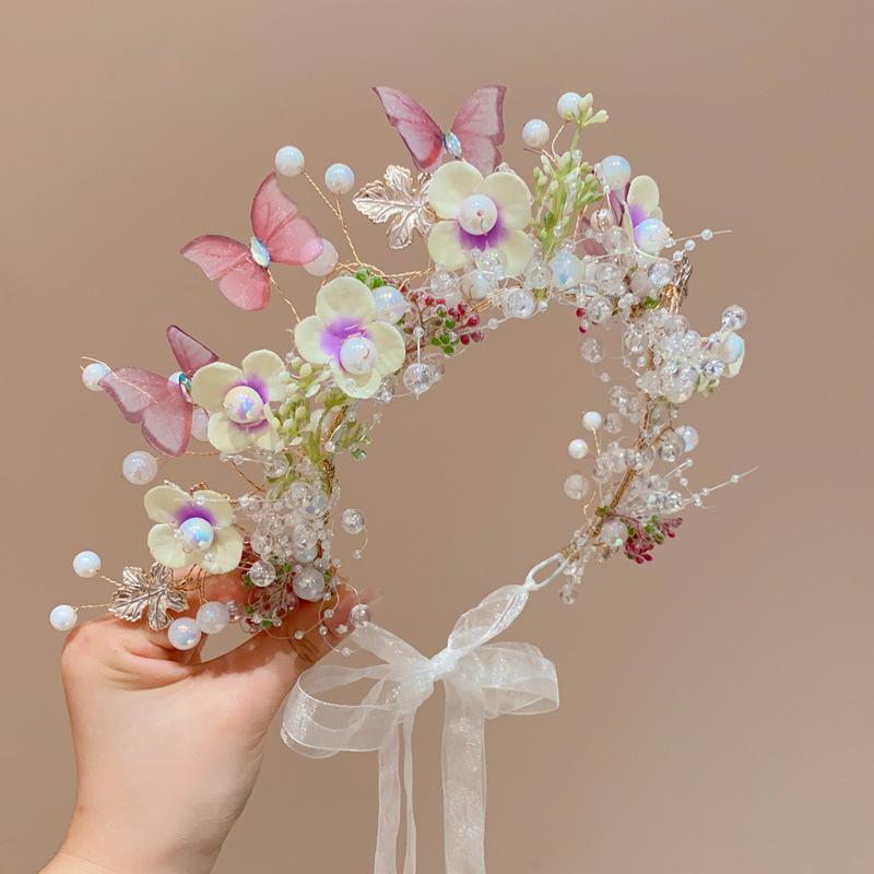 Diadema con corona de flores, diadema de flores, diadema de perlas, tocado infantil para novia