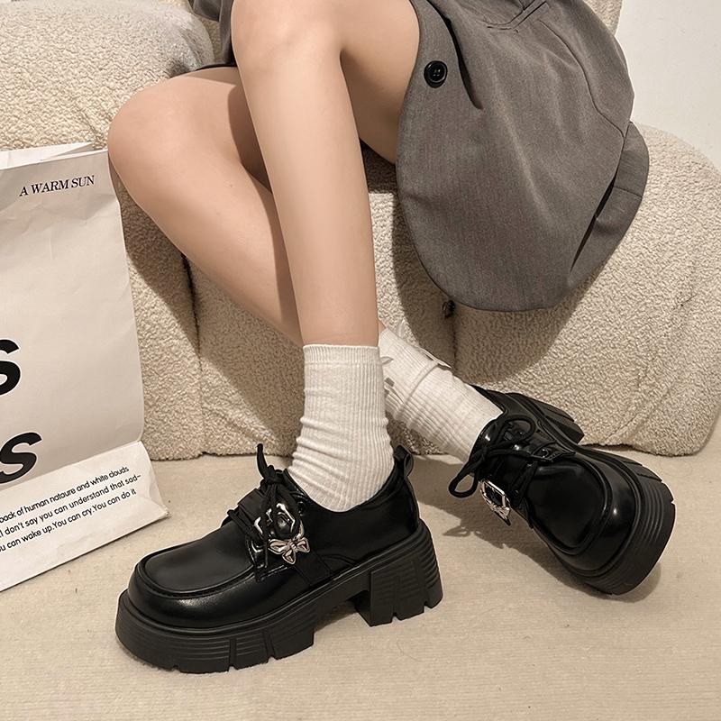 Fashion Women's British Style Spring Autumn New Arrival Black Thick Bottom Flat Shoes Student Tie Mary Jane Shoes Summer Season