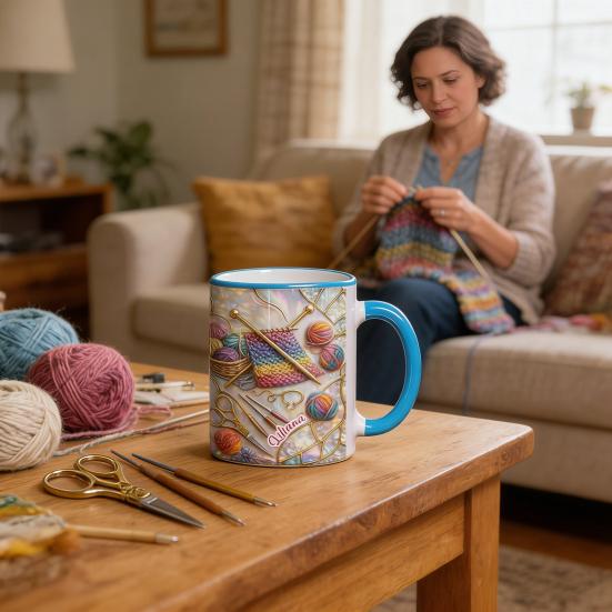Strick- und Nähwerkzeuge Tasse 11oz Personalisierte Kaffeetasse mit Nähmaschine- und Garn-Drucken Nähgeschenk für Frauen