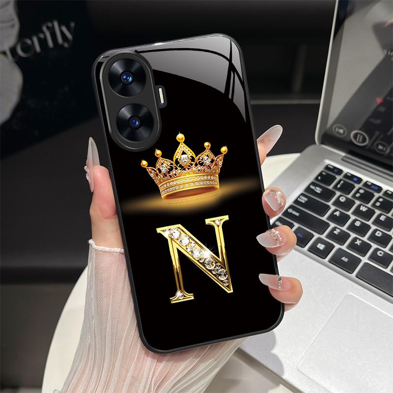For Realme C55 4G Case Fashion Letters Hard Tempered Glass Back Covers For Realme Narzo N55 NarzoN55 C55 RMX3710 Phone Shell