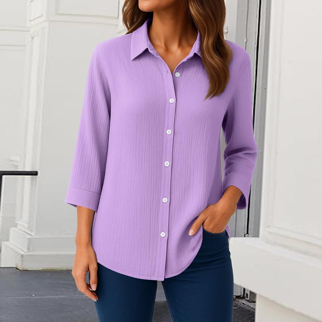Womens Button Down Shirts 3/4 Sleeve Casual Collared Shirt Loose Blouses Solid Color Tops With Pocket