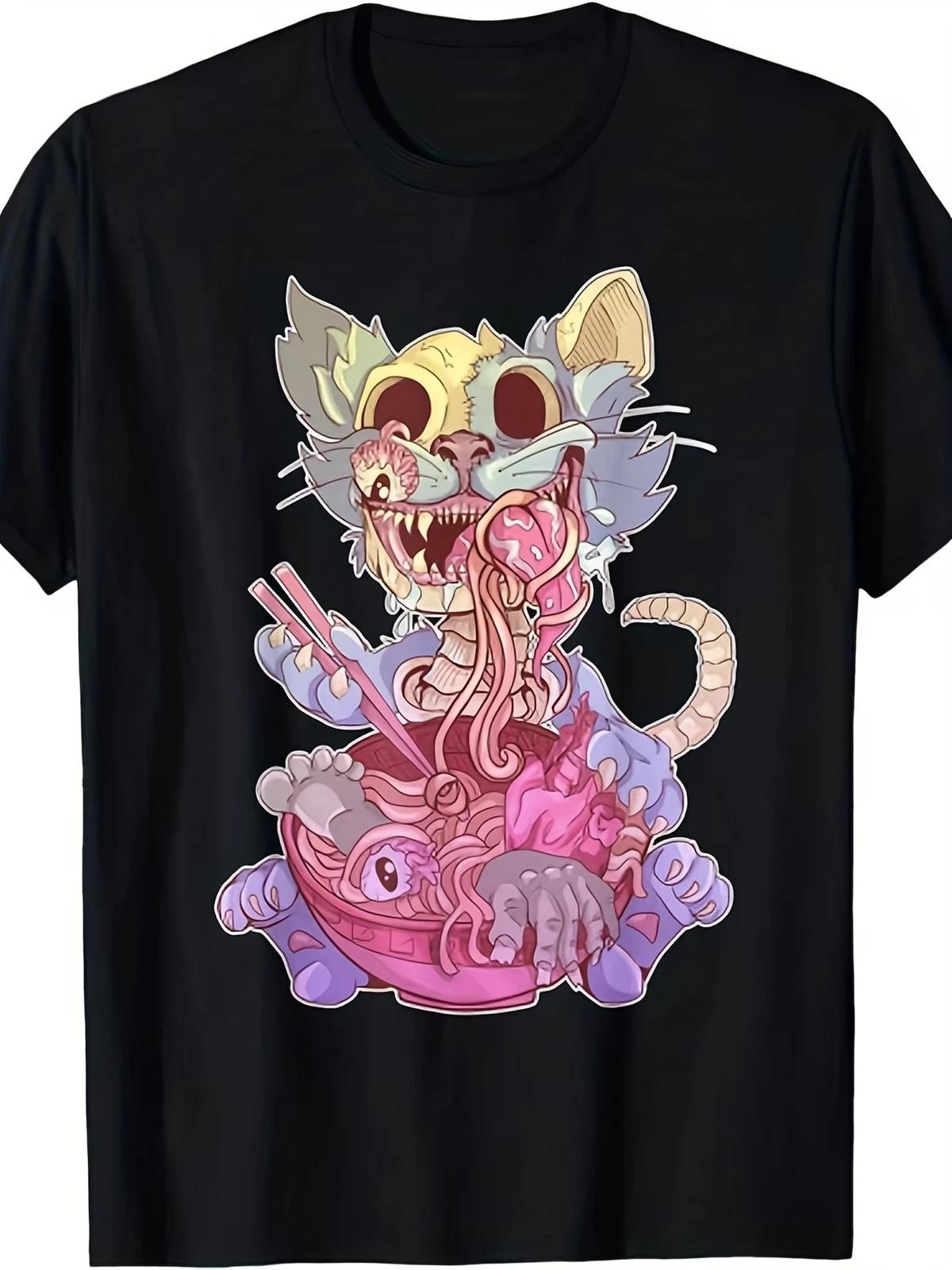 Men S Pastel Goth Kawaii Cat Eating Ramen T-Shirt - Japanese Anime-Inspired Grap XXXXL