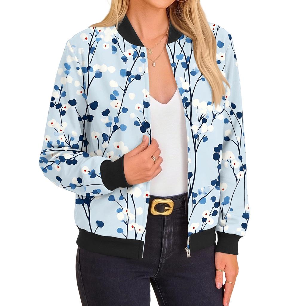 Women's Fashion Long Sleeve Floral Print Round Neck Zip Jacket