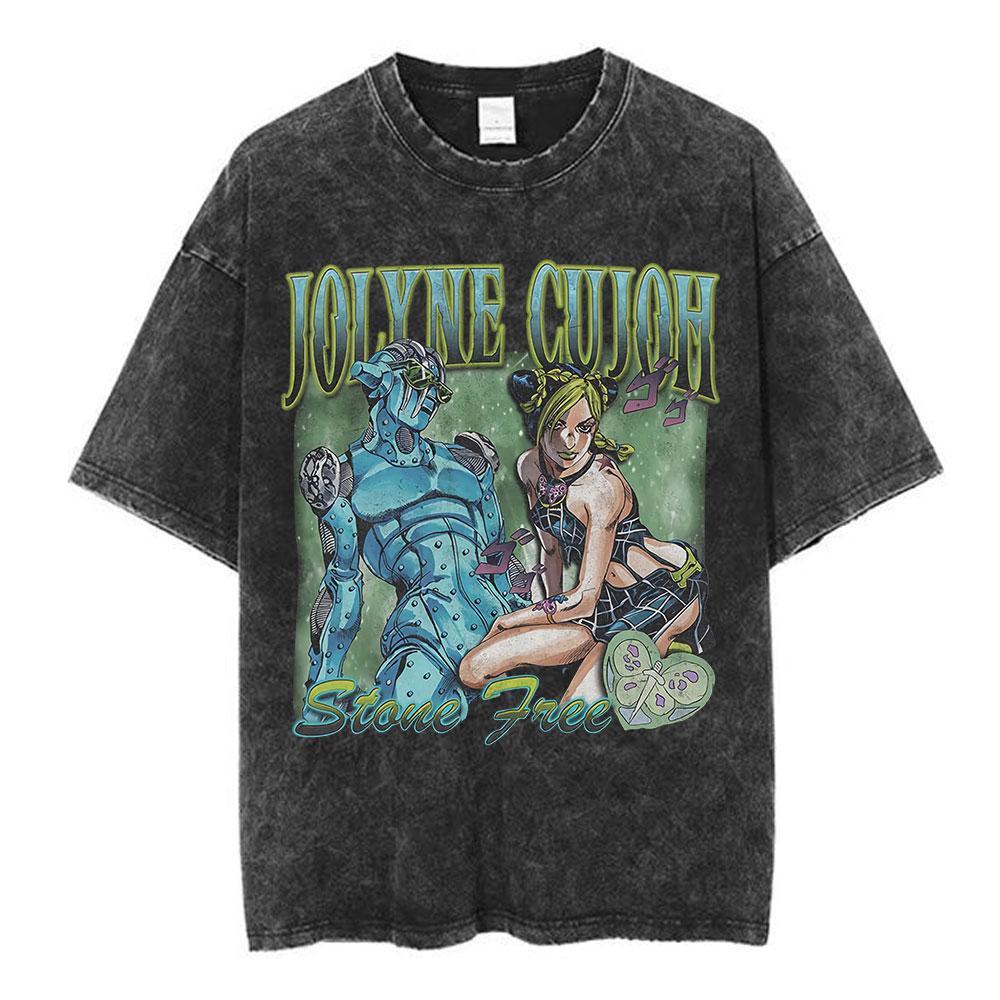 Jolyne Cujoh Stone Ocean Vintage Washed T Shirt Anime Jojo Bizarre Adventure T-shirts Casual Cotton Short Sleeve T Shirts Unisex