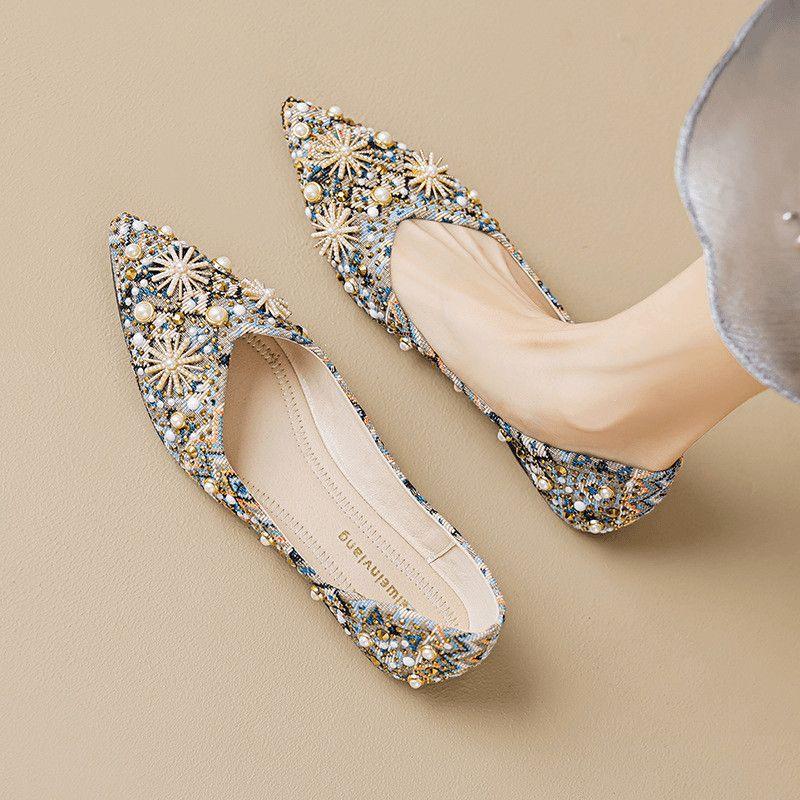Women's Shoes Rhinestone Single Shoes Female Full Diamond Flat Bottom Shallow Mouth Fairy Ethnic Style Rivet Shoes Foreign Style Versatile