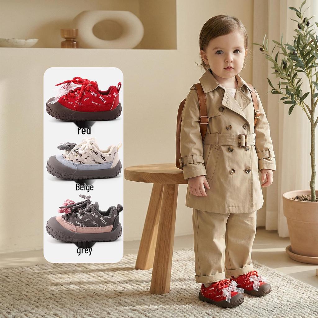 Spring 2026 Girls’ Soft Sole Walker Shoes - Non-Slip, Closed-Toe with Bow Detail