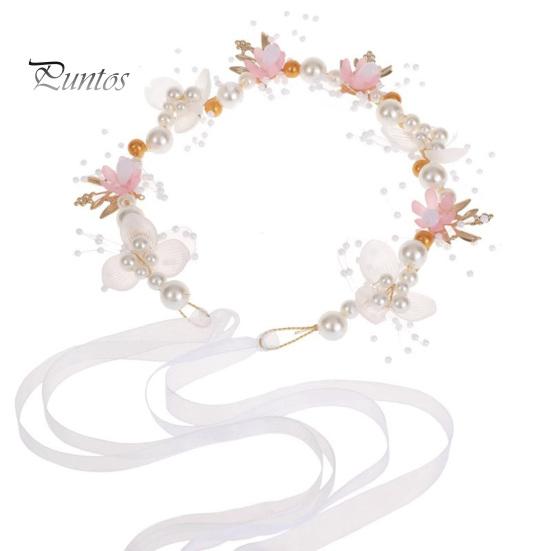 Stirnband für Mädchen, lang, transparentes Band, verstellbar, Kunstperlen-Dekoration, Prinzessinnen-Blumenmuster, Kopfschmuck für Hochzeit, Party, Haar-Accessoires, Geburtstagsgeschenk