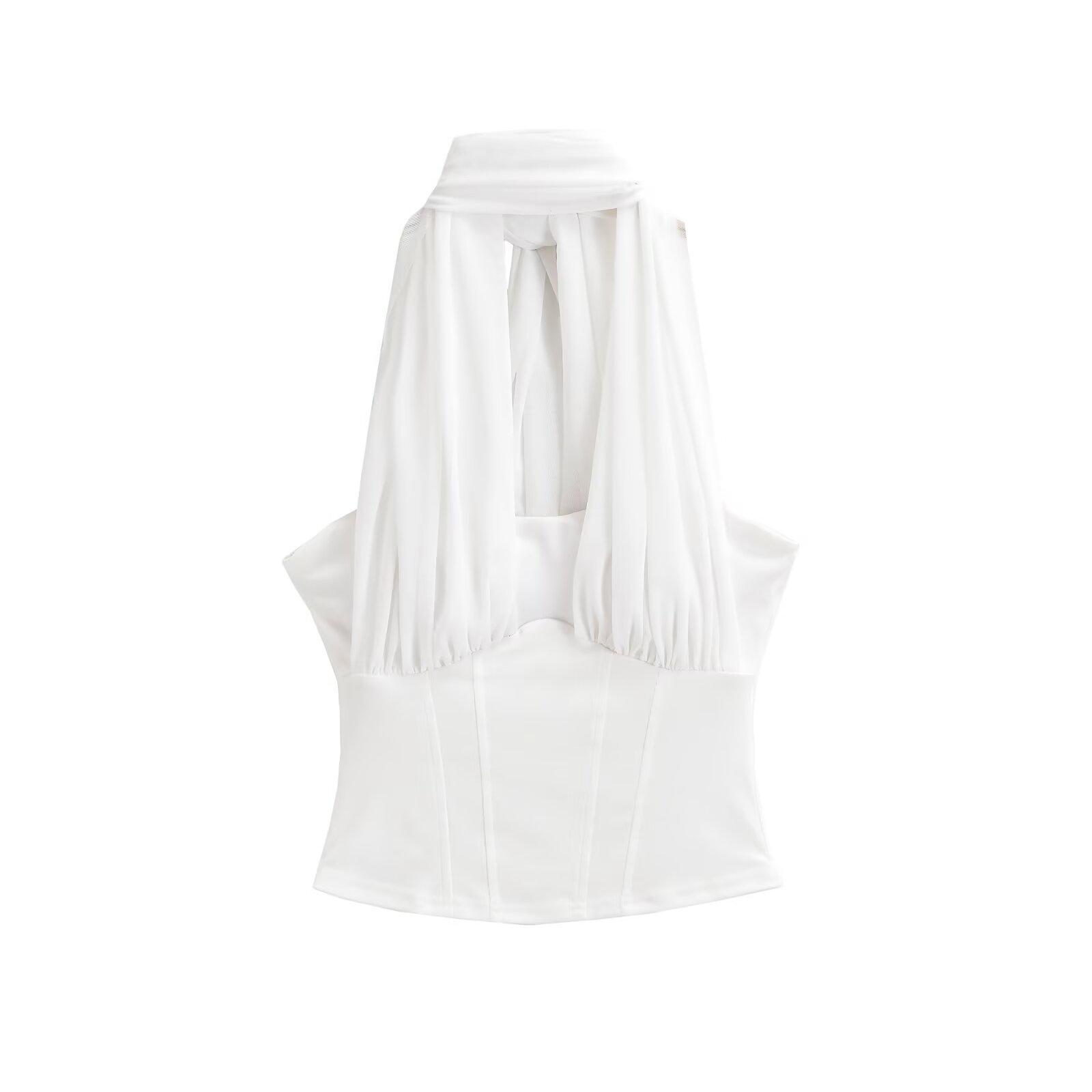 Women s Sexy See-through Halter Tank Top with Chest Pads and Mesh, Slimming Waist Sleeveless Top Medium белый