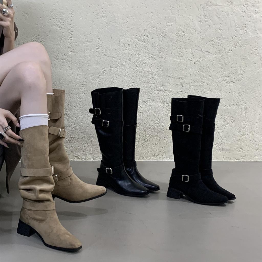 2025 Autumn and Winter Western Skinny Long Knight Boots Khaki High Heel Suede Pile Medium Boots Women's Boots